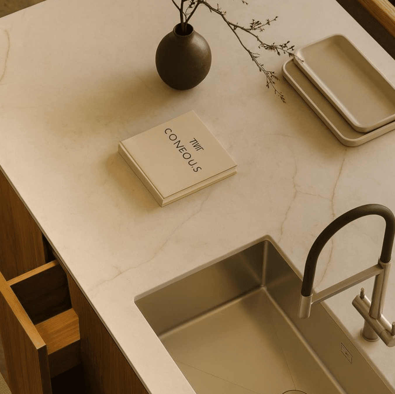 Encimera clara de cocina con fregadero de acero, grifo negro, libros y un jarrón
