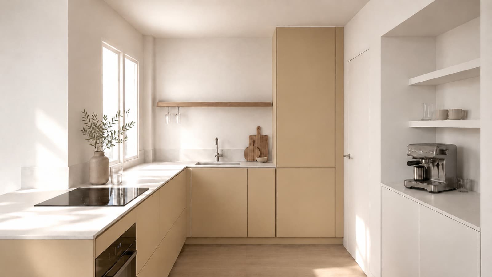 Render de una cocina HOK en tonos arena