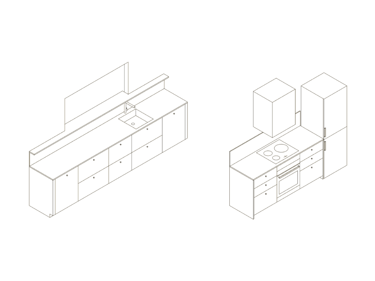 Dibujo axonométrico de la distribución de la cocina
