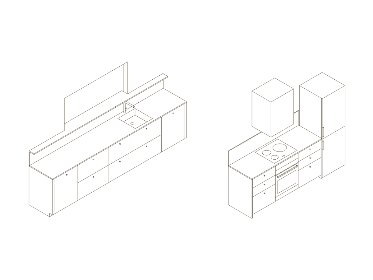 Dibujo axonométrico de la distribución de la cocina